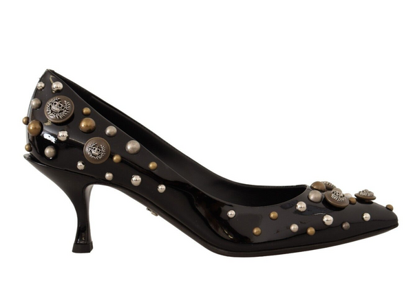 Black Ricamo Leather Studded Heels Pumps Shoes