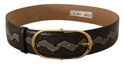 Brown Exotic Leather Gold Oval Buckle Belt