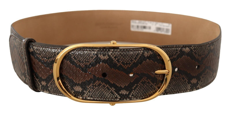 Brown Exotic Leather Gold Oval Buckle Belt