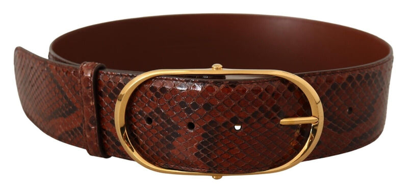 Brown Exotic Leather Gold Oval Buckle Belt