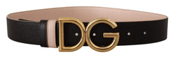 Black Pink Leather Gold Logo Buckle Belt