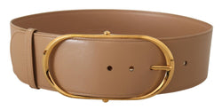 Beige Leather Gold Metal Oval Buckle Belt