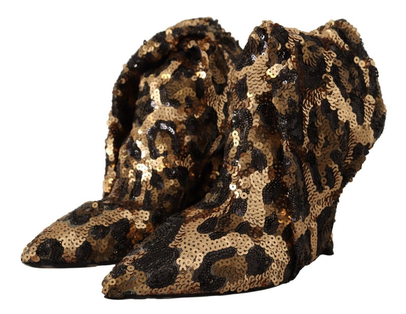 Gold Leopard Sequins Heels Boots Shoes