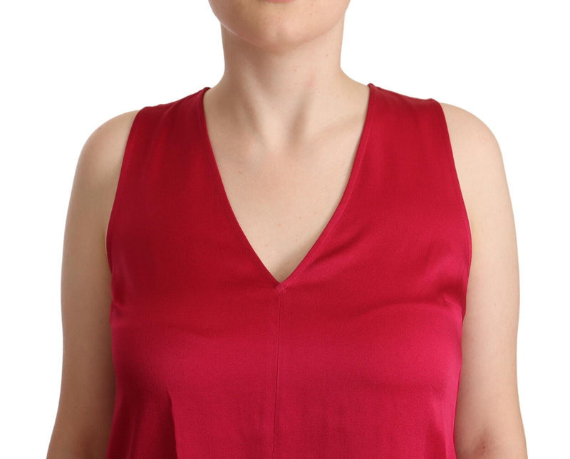 Red Solid Acetate Sleeveless V-Neck Tank Top