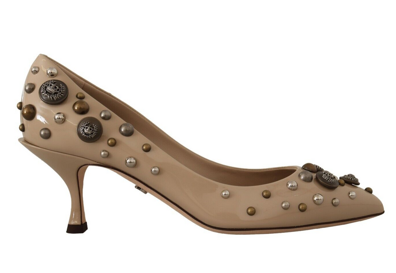 Beige Leather Button Studded Heels Pumps Shoes