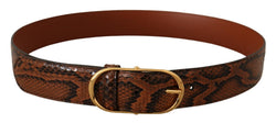 Brown Exotic Leather Gold Oval Buckle Belt