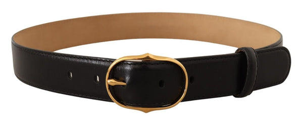 Black Leather Gold Metal Oval Buckle Belt