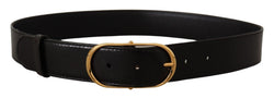 Black Leather Gold Metal Oval Buckle Belt