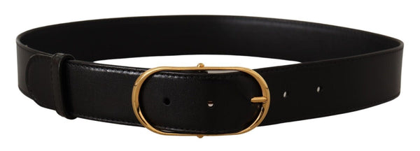 Black Leather Gold Metal Oval Buckle Belt