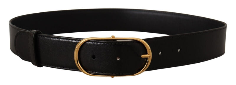 Black Leather Gold Metal Oval Buckle Belt