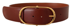 Brown Leather Gold Metal Oval Buckle Belt