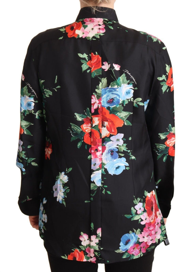 Black Floral Print Collared Polo Blouse Top