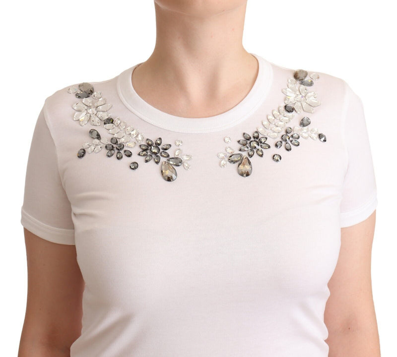 White Cotton Crewneck Crystal Embellish T-Shirt