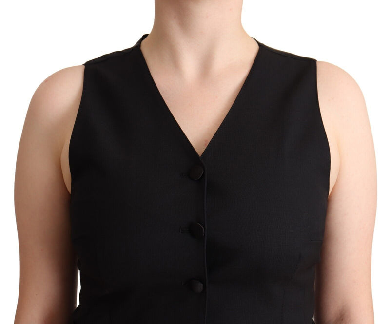 Black Button Down Sleeveless Viscose Vest Top