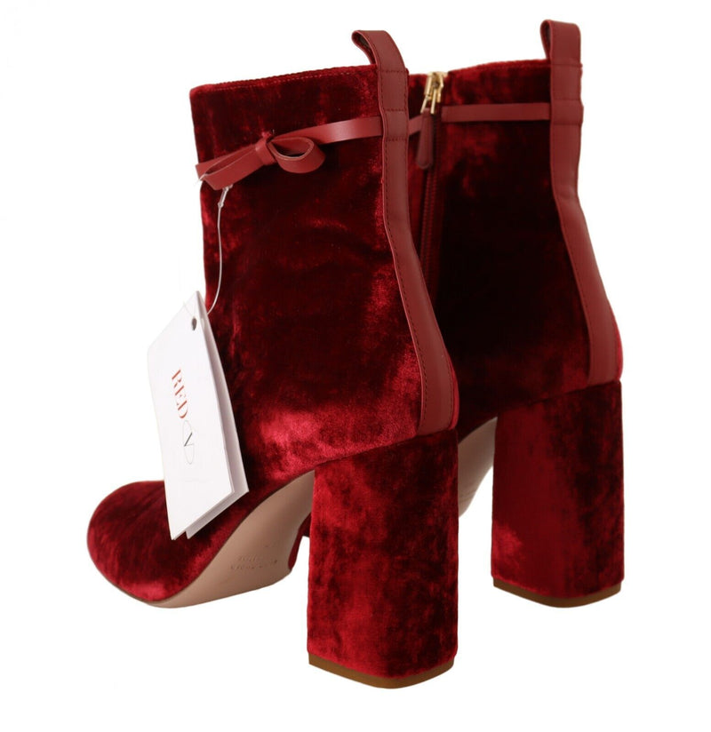 Red Leather Suede Block Heels Boots Shoes