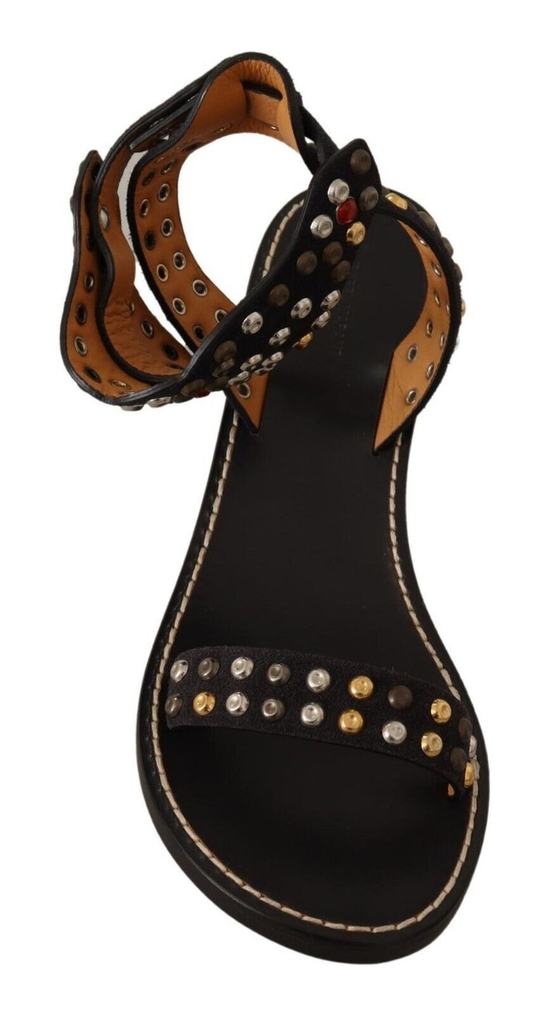 Black Studded Leather Ankle Strap Sandals Shoes