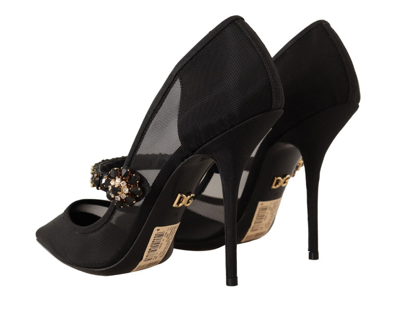 Black Mesh Cystals Heels Pumps Mary Jane Shoes