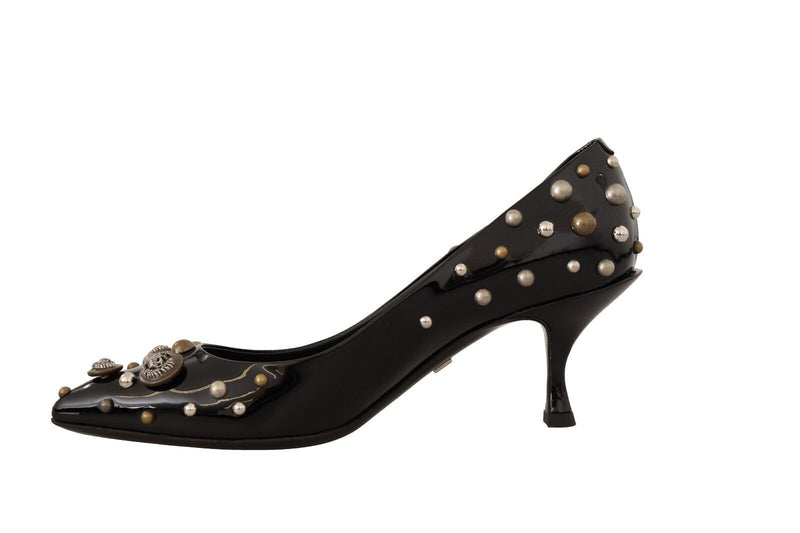 Black Ricamo Leather Studded Heels Pumps Shoes