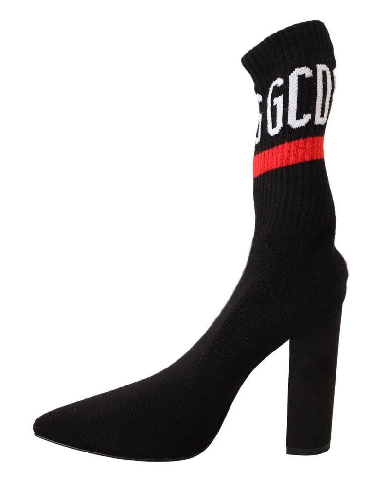 Black Suede Logo Socks Block Heel Ankle Boots Shoes