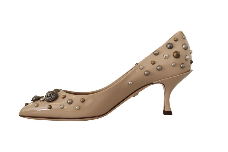 Beige Leather Button Studded Heels Pumps Shoes