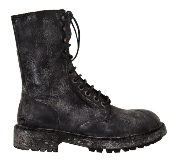 Black Leather Combat High Boots Shoes