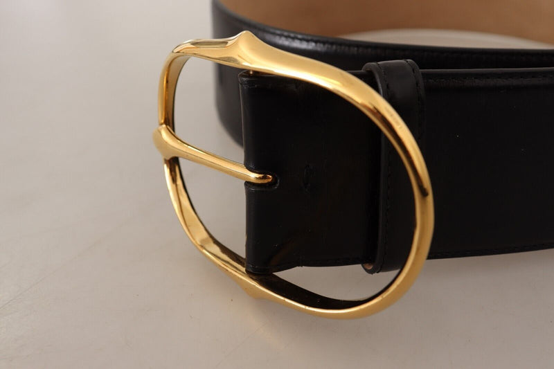 Black Leather Gold Metal Oval Buckle Belt