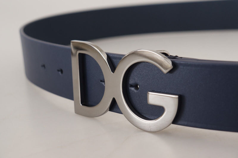 Blue Leather Silver Tone DG Metal Buckle Belt