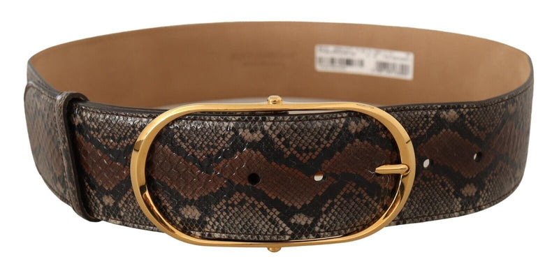 Brown Exotic Leather Gold Oval Buckle Belt