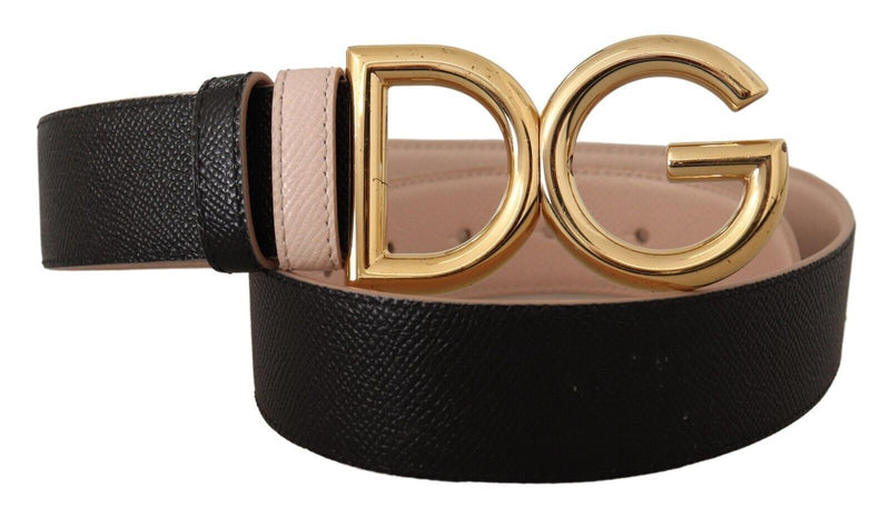 Black Pink Leather Gold Logo Buckle Belt