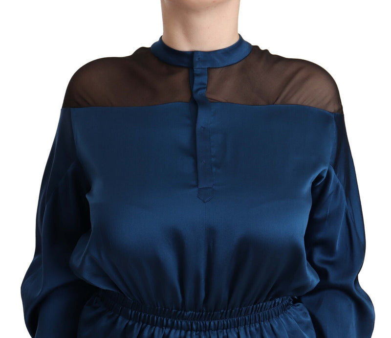 Blue Silk Long Sleeves Elastic Waist Top Blouse