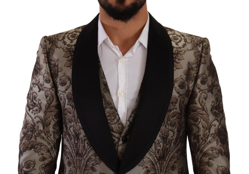 Brown Jacquard Slim Fit Breasted 3 Piece Suit