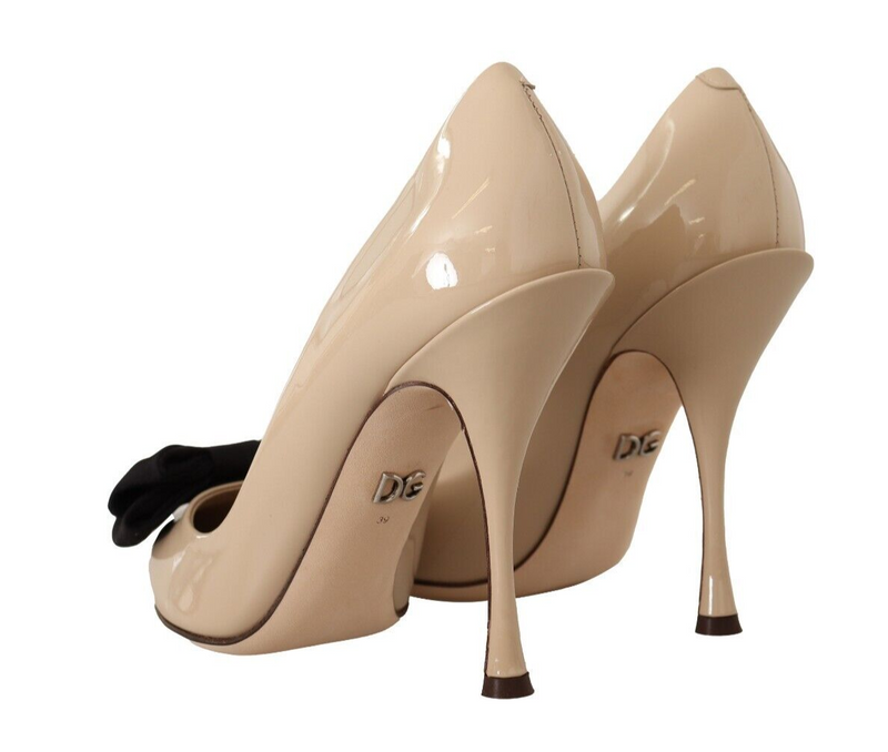 Beige Patent Leather Black Bow Heel Pumps Shoes