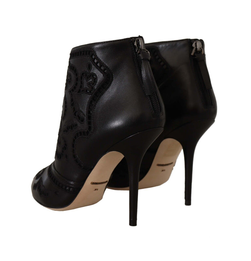 Black Stiletto Lace Leather Ankle Boots Shoes