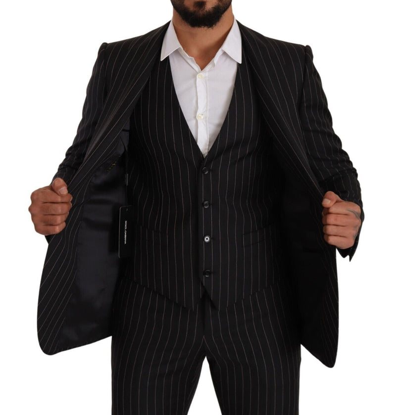 Black SICILIA Striped Wool Formal 3 Piece Suit