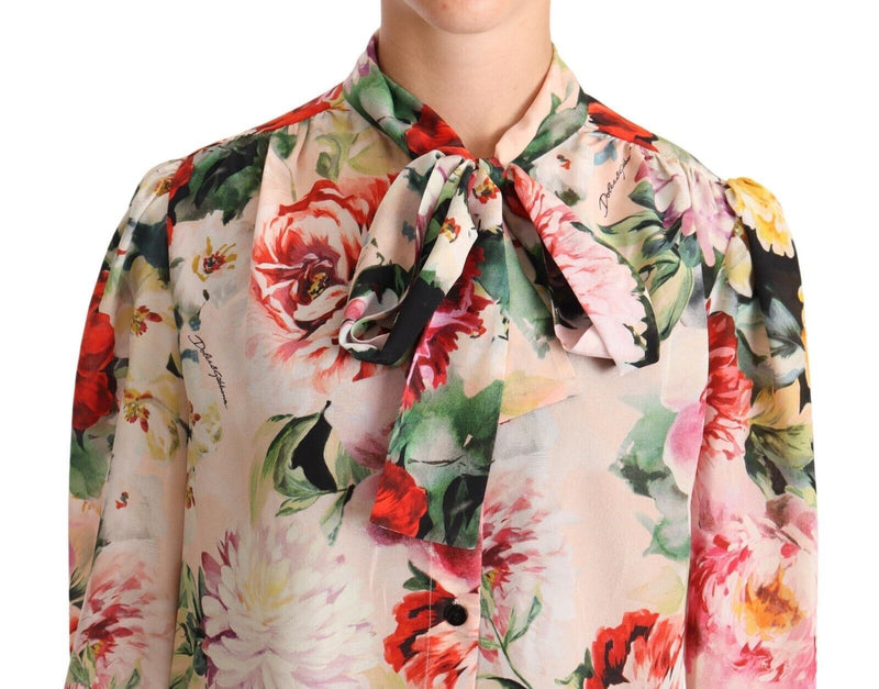 Multicolor Floral Print Ascot Collar Top Blouse