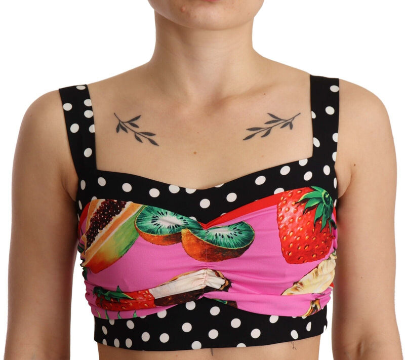 Multicolor Silk Cropped Polka Fruit Print Top