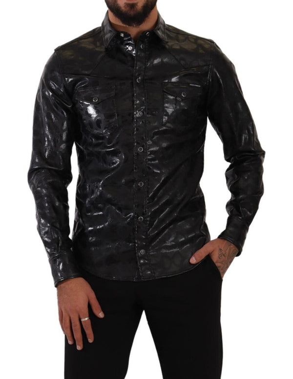 Black Logo Print Cotton Stretch Slim Shirt