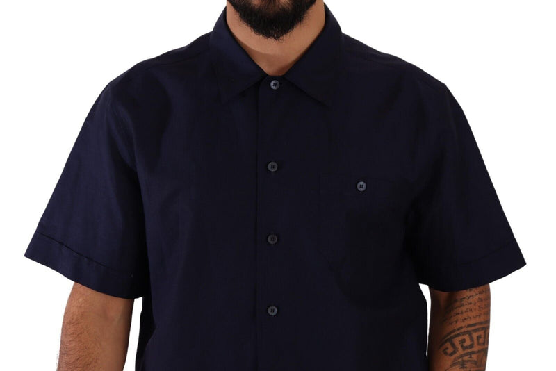 Navy Blue Button Down Short Sleeves Shirt