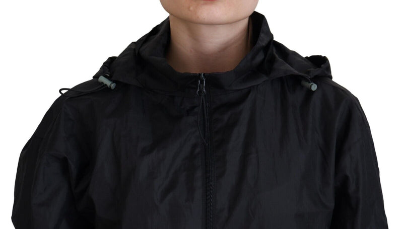 Black Printed Nylon Hooded Bomber Jacket