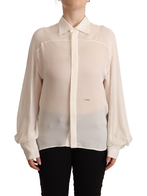 Off White Silk Long Sleeves Collared Blouse Top