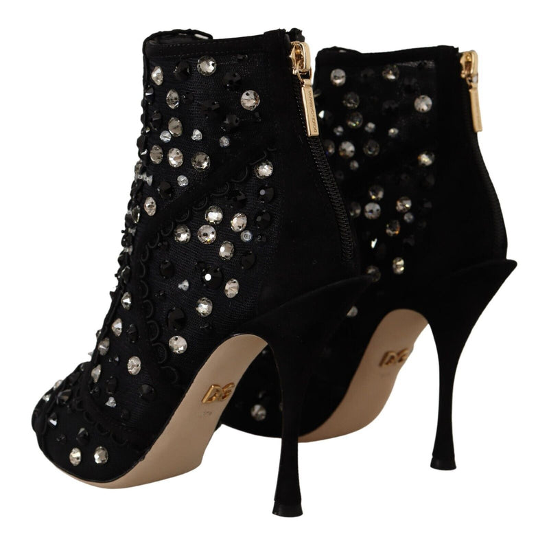 Black Crystals Heels Zipper Short Boots Shoes