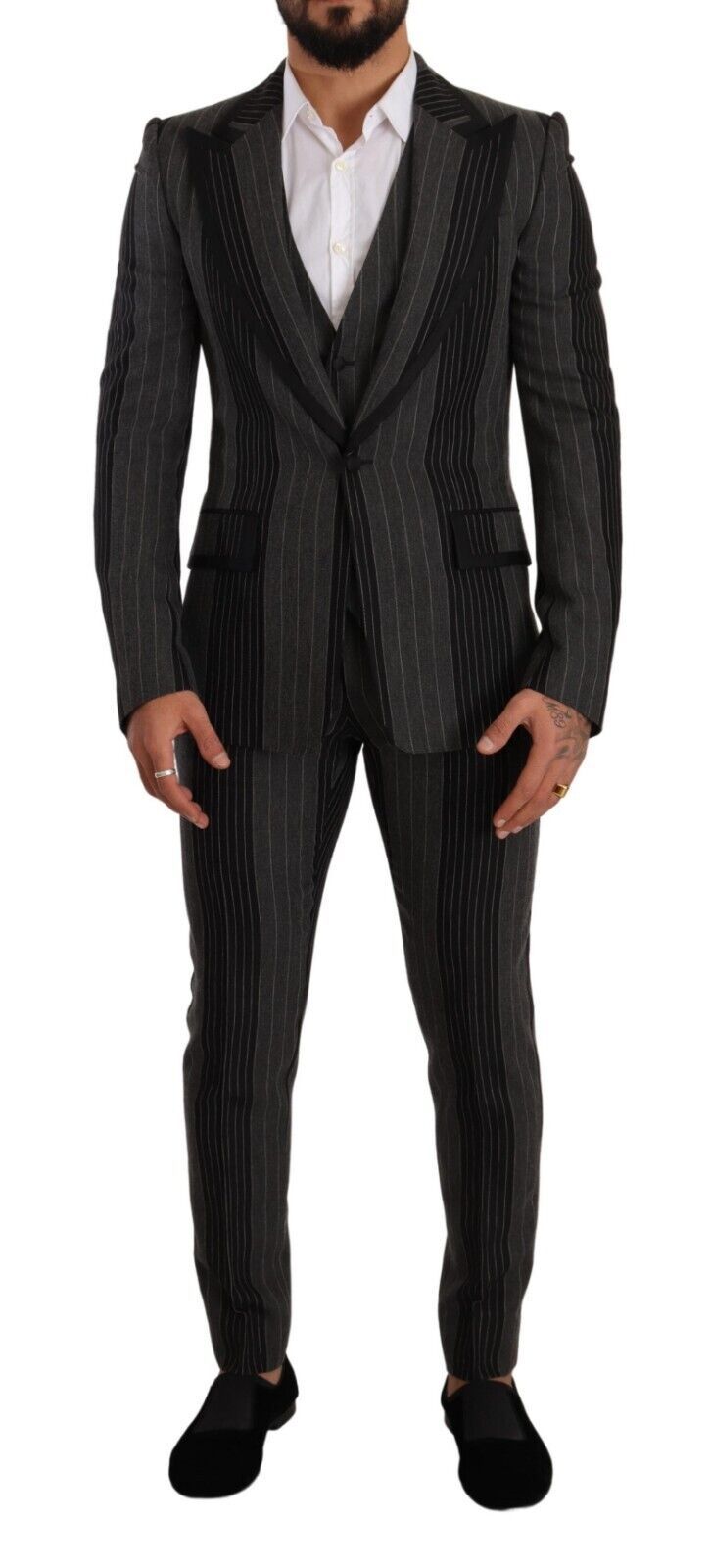 Black Gray Striped Slim Fit 3 Piece Suit