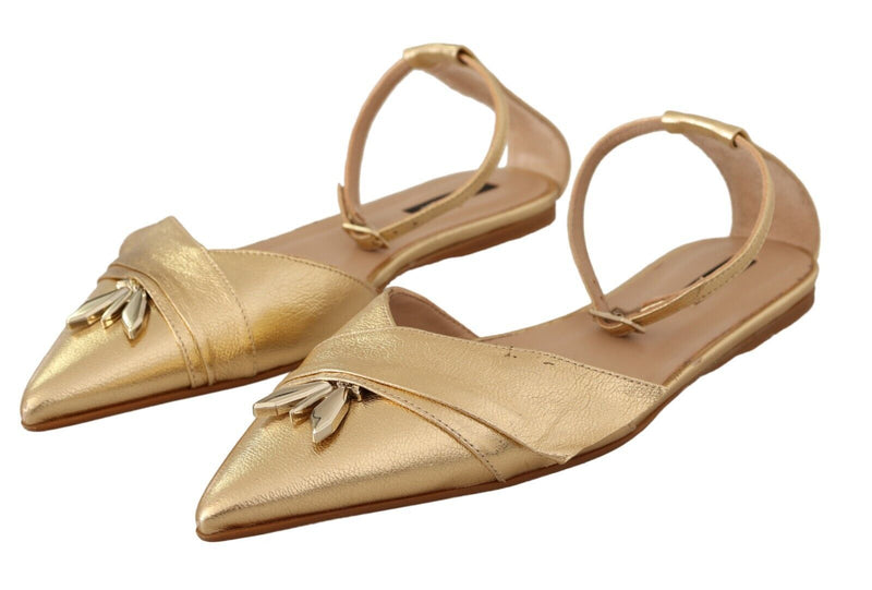 Gold Leather Ankle Strap Flats Sandals Shoes