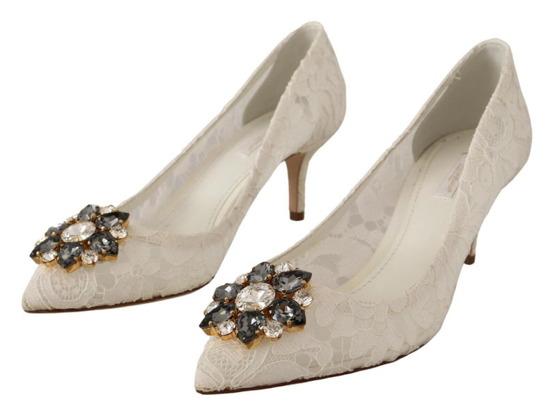 White Taormina Lace Crystal Heels Pumps Shoes