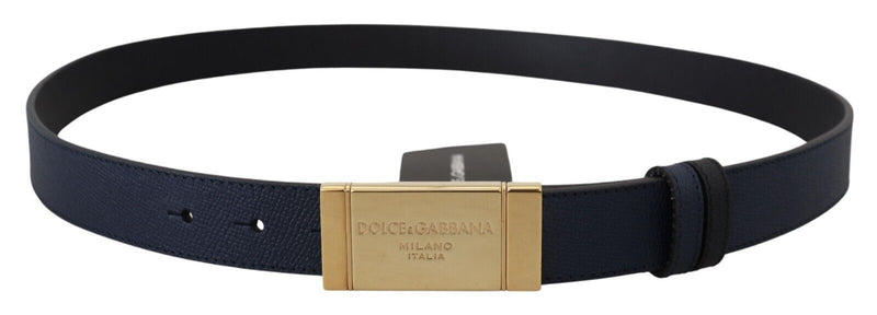 Blue Leather Gold Rectangle Buckle Men Belt