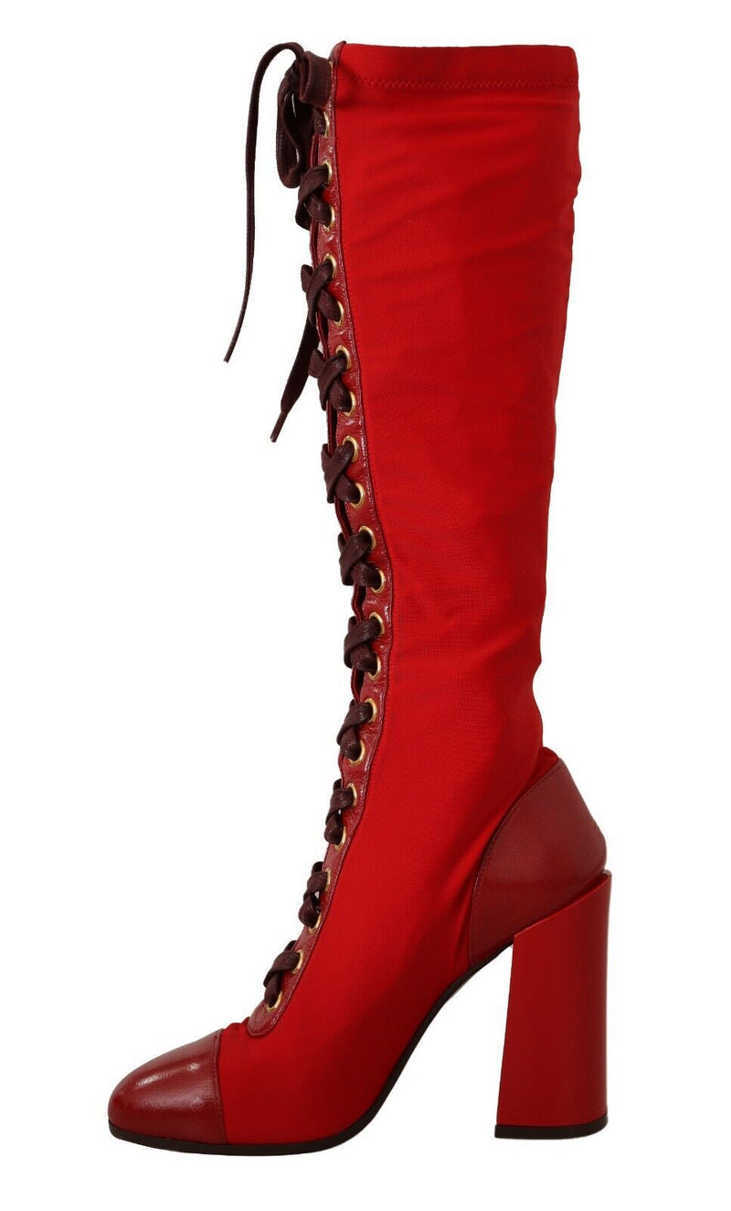 Red Stretch Lace Up Knee High Boots Shoes