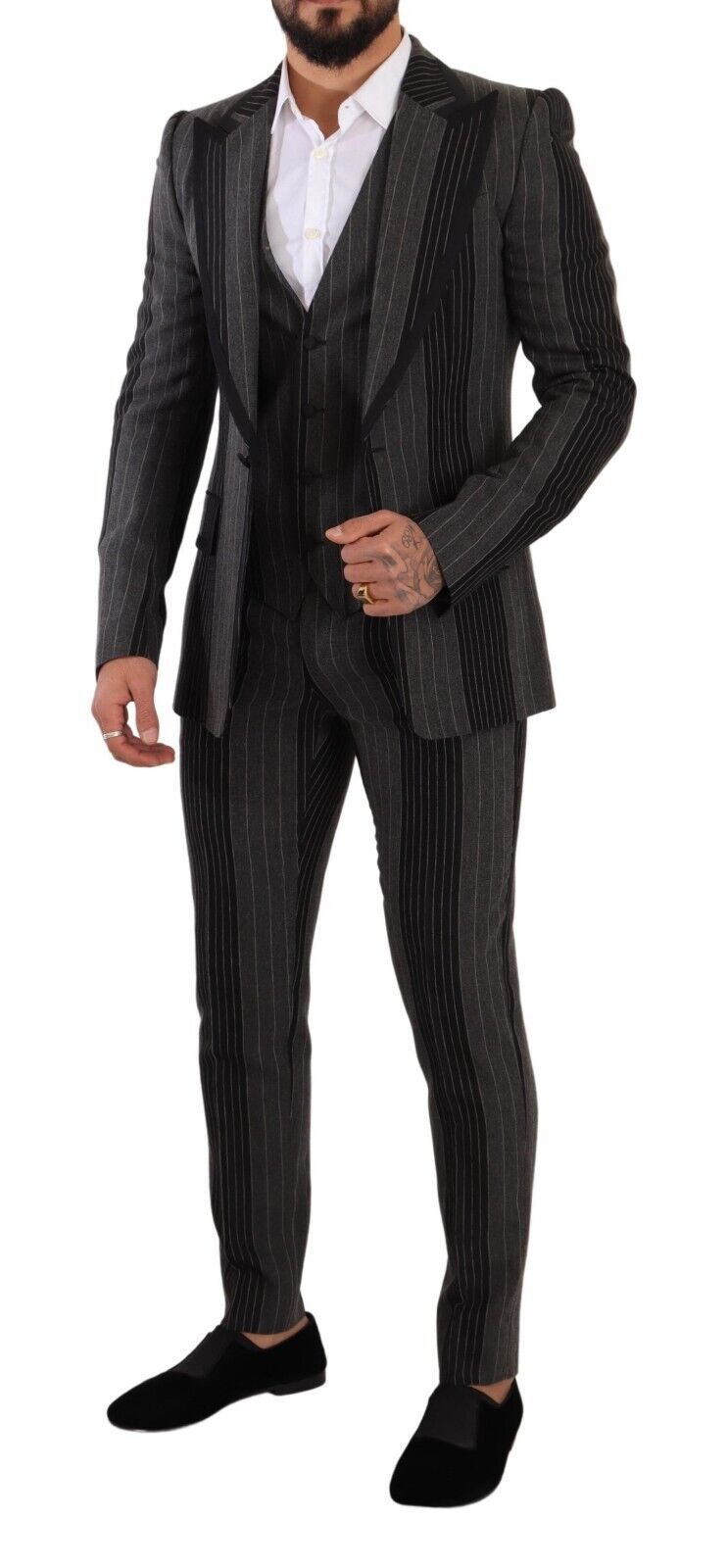 Black Gray Striped Slim Fit 3 Piece Suit