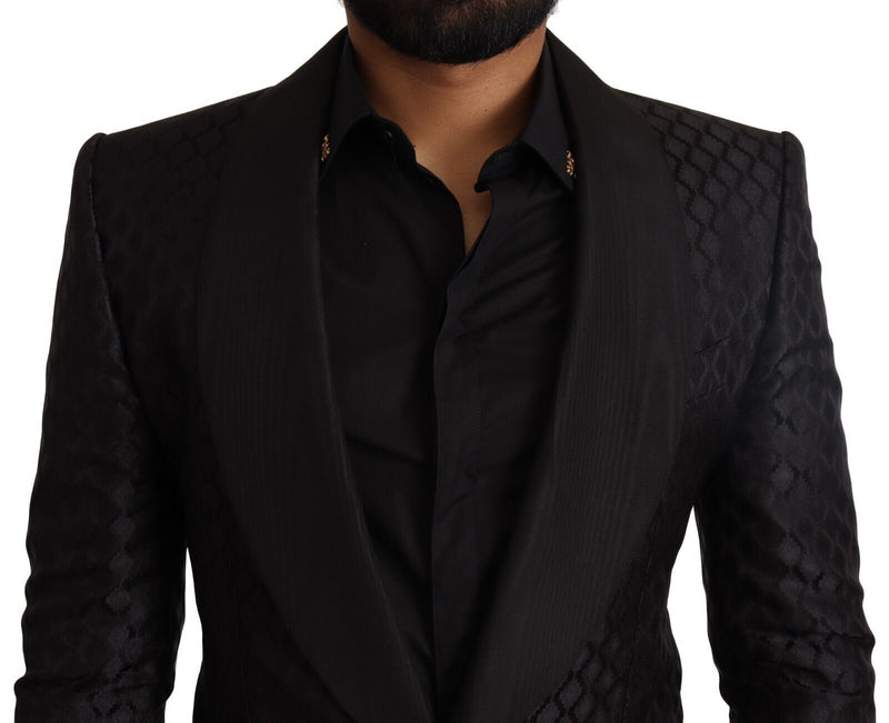 Black Silk Slim Fit Patterned 2 Piece Suit