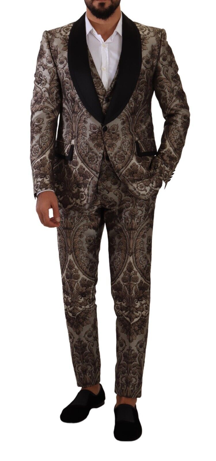 Brown Jacquard Slim Fit Breasted 3 Piece Suit