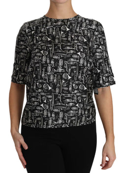 Black Musical Instruments Print Silk Blouse